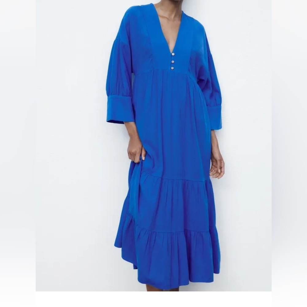 Zara NWT Tiered V-Neck Linen blend dress